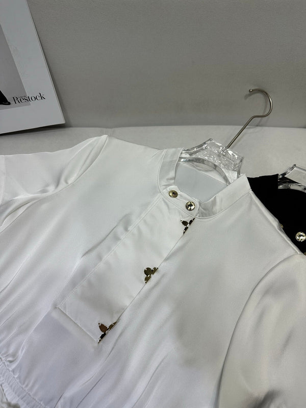 LV 25 Metal Petal Decoration Round Neck Dress Black White Polyester Acetate