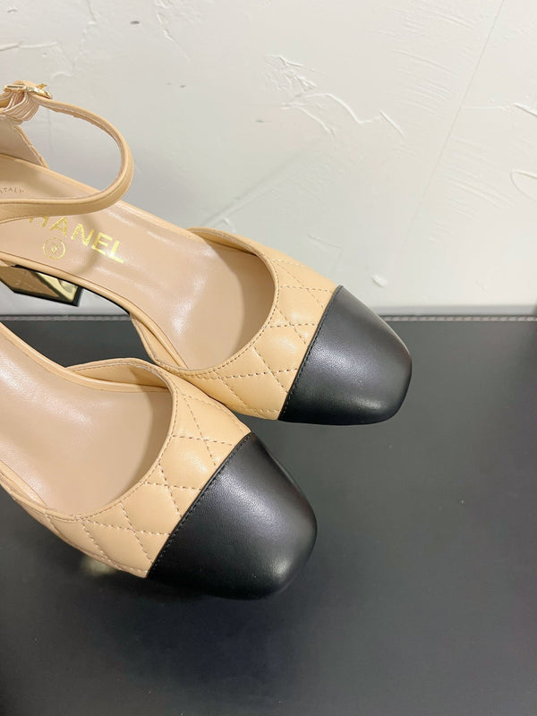 CC Mary Janes 55mm In Beige Mix Black Quilted Lambskin  949764