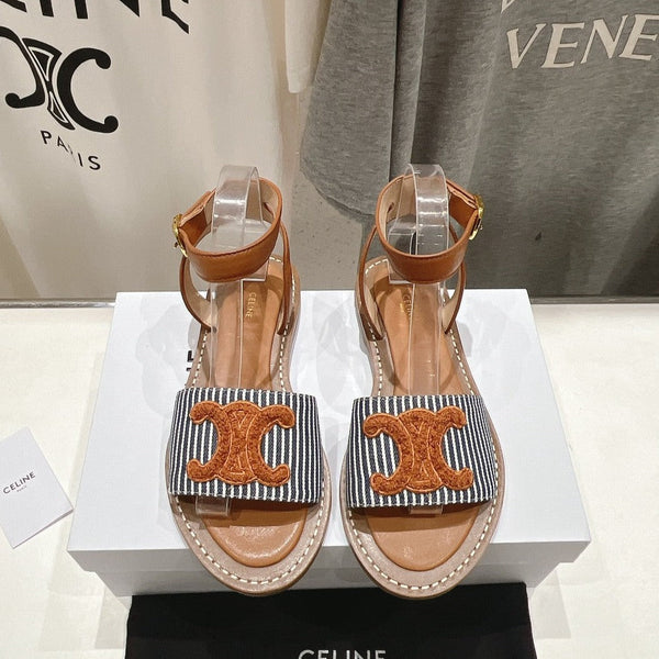 LYMPIA SANDAL IN TRIOMPHE MACCRAMÉ COTTON & CALFSKIN BRONZE BROWN/NAVY