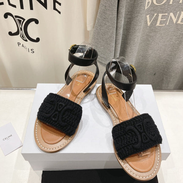 LYMPIA SANDAL IN TRIOMPHE MACCRAMÉ COTTON & CALFSKIN BLACK