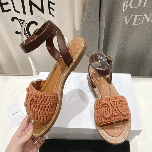 SANDALO LYMPIA IN COTONE MACCRAMÉ TRIOMPHE E PELLE DI VITELLO MARRONE/MARRONE SCURO