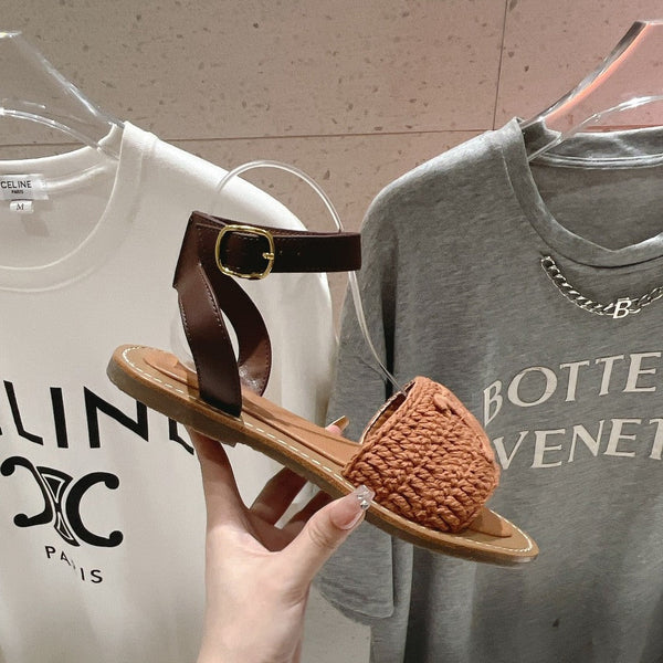 SANDALO LYMPIA IN COTONE MACCRAMÉ TRIOMPHE E PELLE DI VITELLO MARRONE/MARRONE SCURO