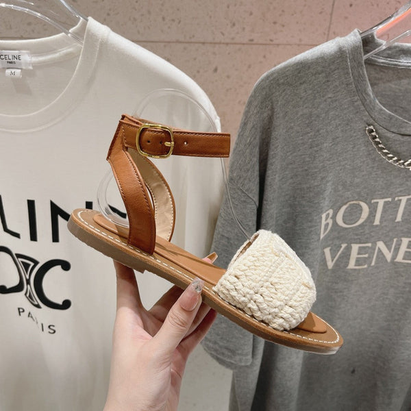 SANDALO LYMPIA IN COTONE TRIOMPHE MACCRAMÉ E VITELLO ECRU TAN