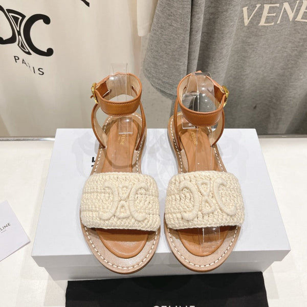 SANDALO LYMPIA IN COTONE TRIOMPHE MACCRAMÉ E VITELLO ECRU TAN