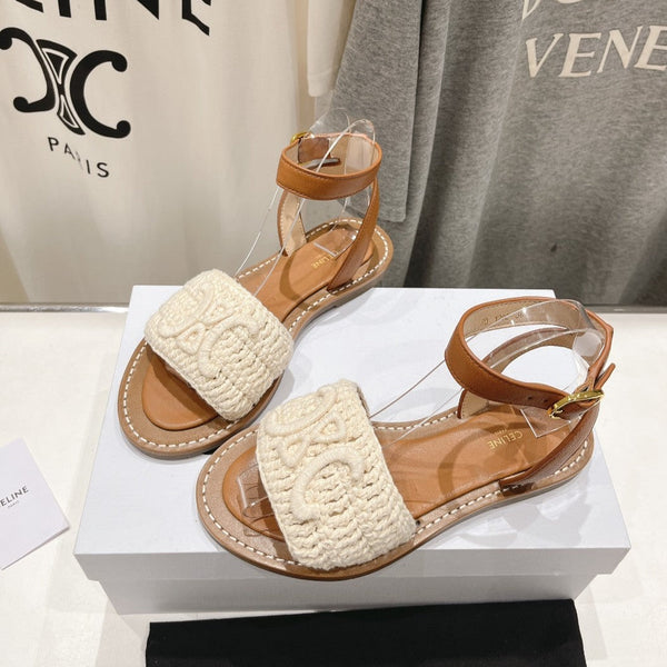 SANDALO LYMPIA IN COTONE TRIOMPHE MACCRAMÉ E VITELLO ECRU TAN