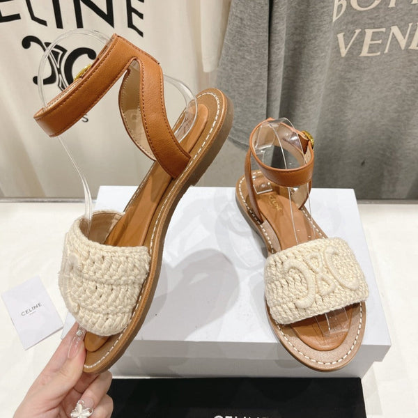 LYMPIA SANDAL IN TRIOMPHE MACCRAMÉ COTTON & CALFSKIN ECRU TAN
