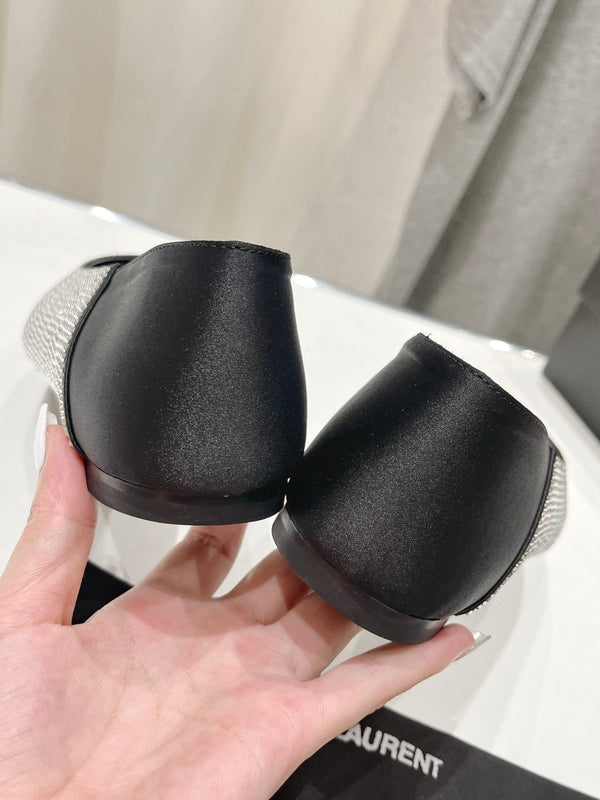 SL NOUR LEOPARD POINT TOE BALLET BLACK CRYSTAL SATIN