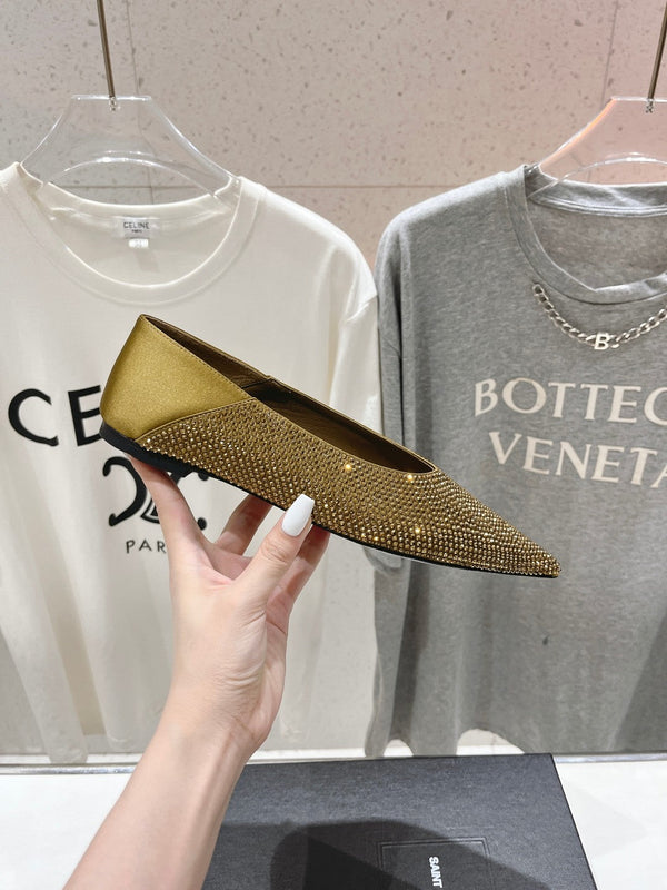 SL NOUR LEOPARD POINT TOE BALLET MUSTARD CRYSTAL SATIN