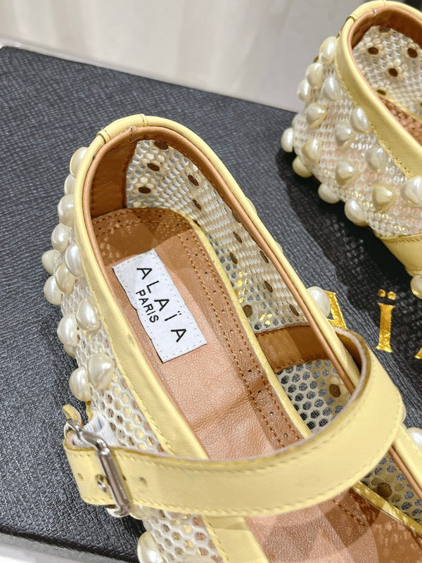 ALAIA PEARL MARY JANE SHOES IN LIGHT YELLOW MESH AND CALFSKIN