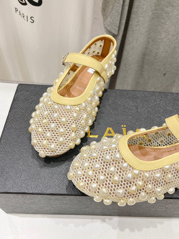 ALAIA PEARL MARY JANE SHOES IN LIGHT YELLOW MESH AND CALFSKIN