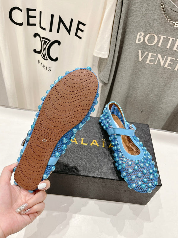 ALAIA PEARL MARY JANE SHOES IN CERULEAN BLUE MESH AND CALFSKIN