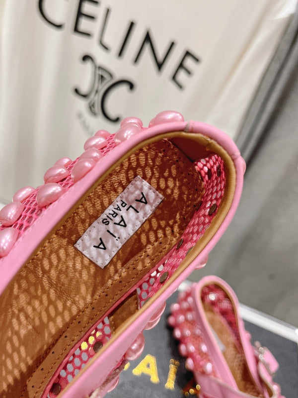 ALAIA PEARL MARY JANE SHOES IN DARK PINK MESH AND CALFSKIN
