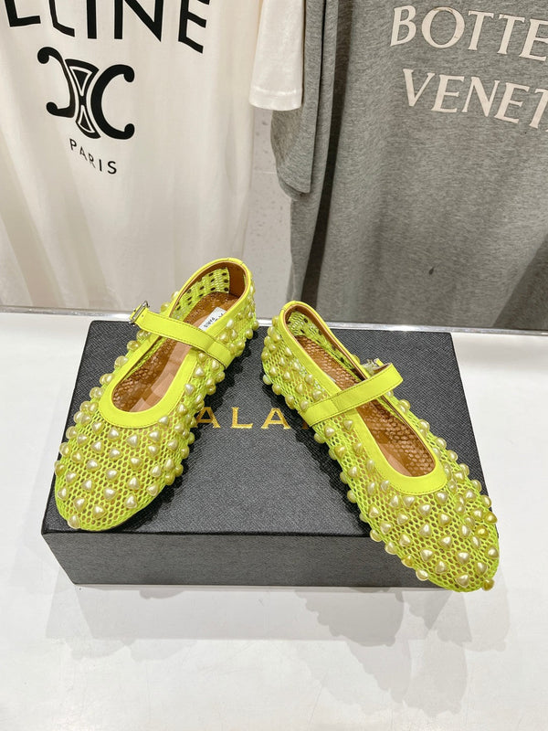 ALAIA PEARL MARY JANE SHOES IN NEON YELLOW MESH AND CALFSKIN