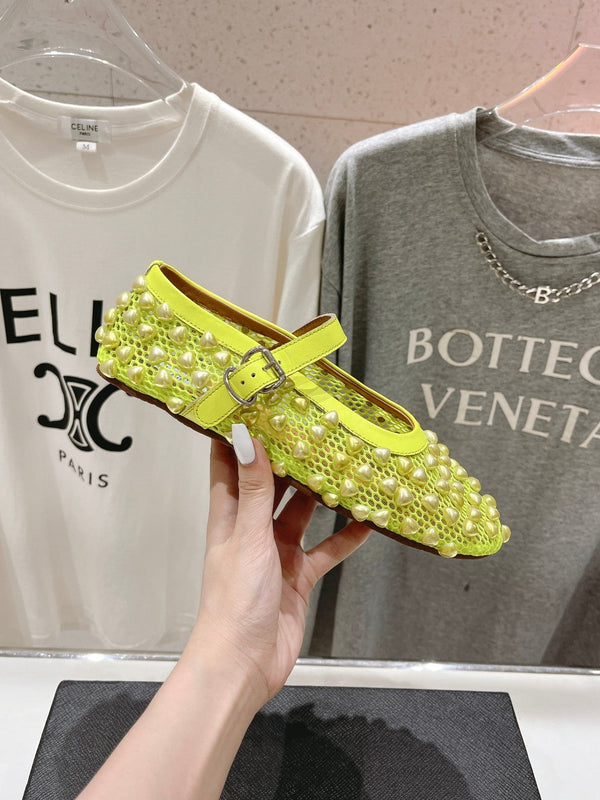 ALAIA PEARL MARY JANE SHOES IN NEON YELLOW MESH AND CALFSKIN