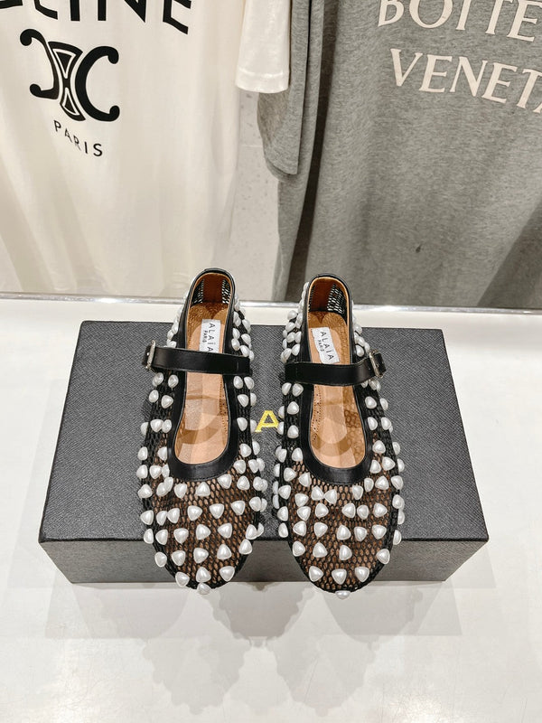 ALAIA PEARL MARY JANE SHOES IN BLACK MIX WHITE MESH AND CALFSKIN