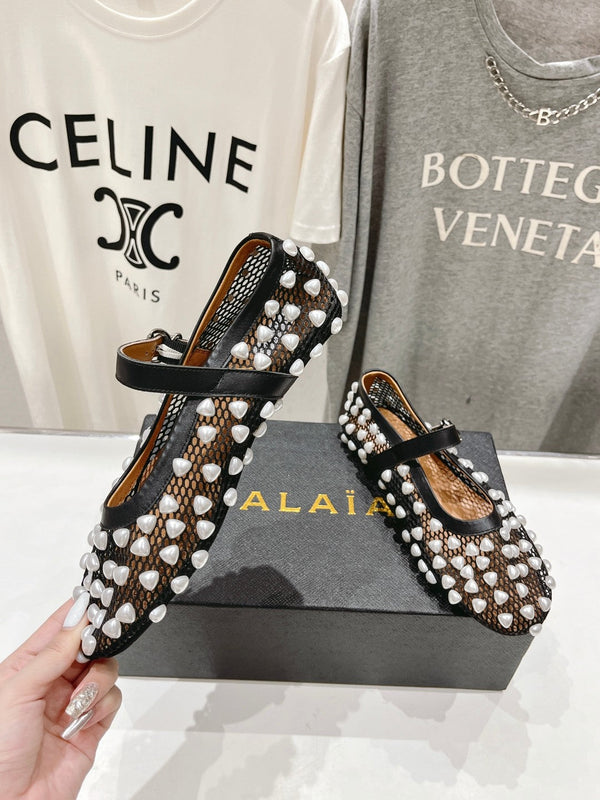 ALAIA PEARL MARY JANE SHOES IN BLACK MIX WHITE MESH AND CALFSKIN