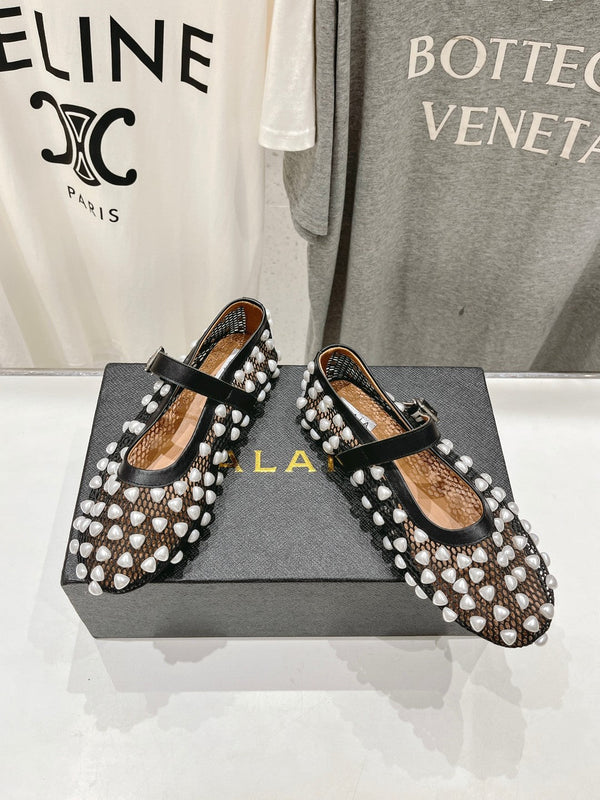 ALAIA PEARL MARY JANE SHOES IN BLACK MIX WHITE MESH AND CALFSKIN