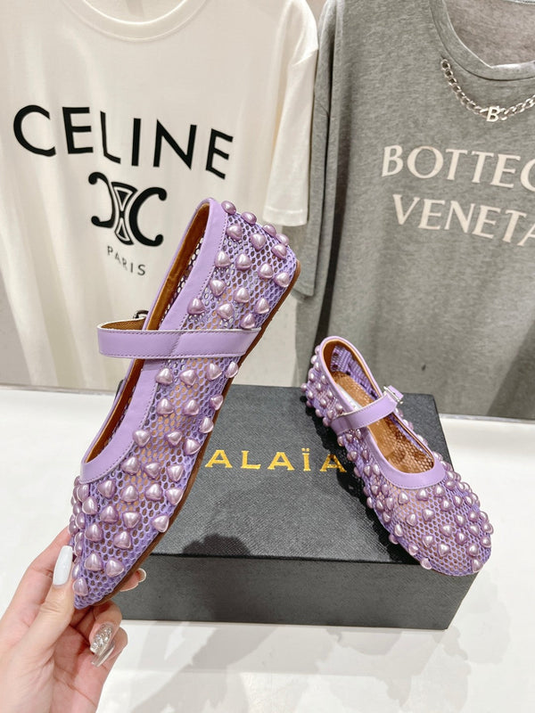 ALAIA PEARL MARY JANE SHOES IN LAVENDER PURPLE MESH AND CALFSKIN
