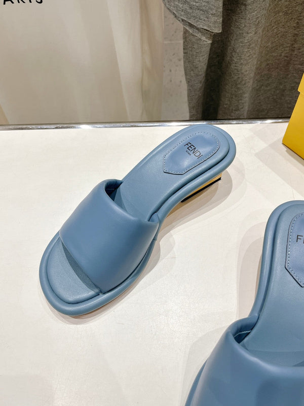 FENDI BAGUETTE MEDIUM-HEEL SANDALS 45 MM IN CERULEAN BLUE CALFSKIN