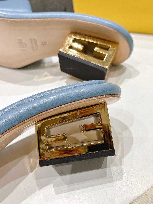 FENDI BAGUETTE MEDIUM-HEEL SANDALS 45 MM IN CERULEAN BLUE CALFSKIN