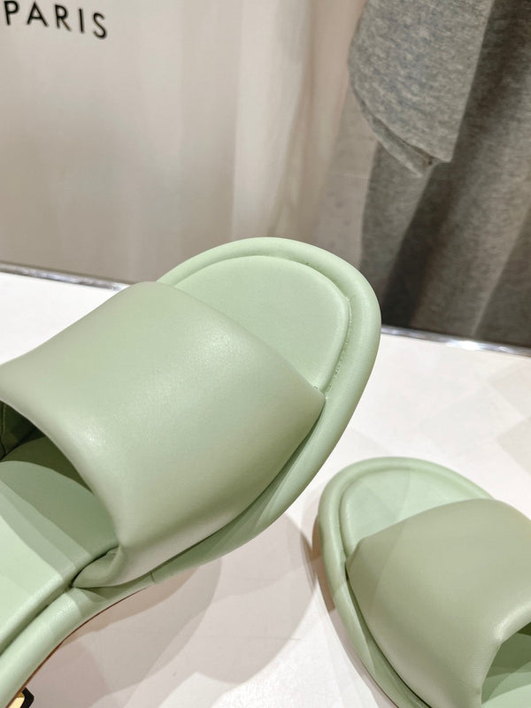 FENDI BAGUETTE MEDIUM-HEEL SANDALS 45 MM IN GREEN MINT CALFSKIN