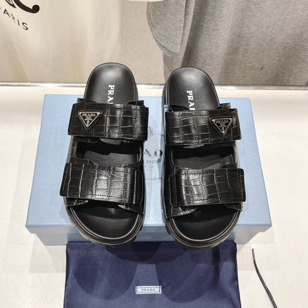 SANDALI PRA IN PELLE DI COCCODRILLO NERO IN PELLE DI VITELLO