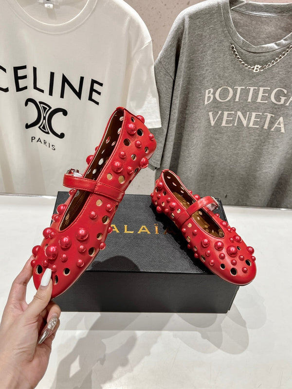 ALAIA PEARL MARY JANE SHOES IN ROSE RED LAMBSKIN
