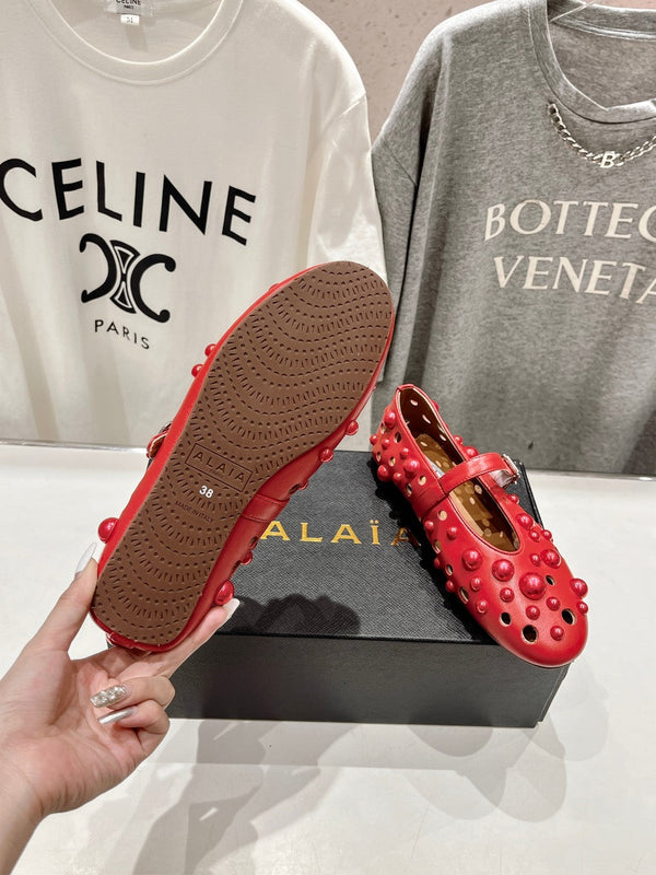 ALAIA PEARL MARY JANE SHOES IN ROSE RED LAMBSKIN
