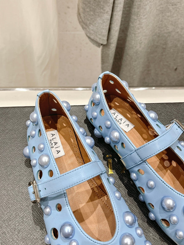 ALAIA PEARL MARY JANE SHOES IN LIGHT BLUE LAMBSKIN