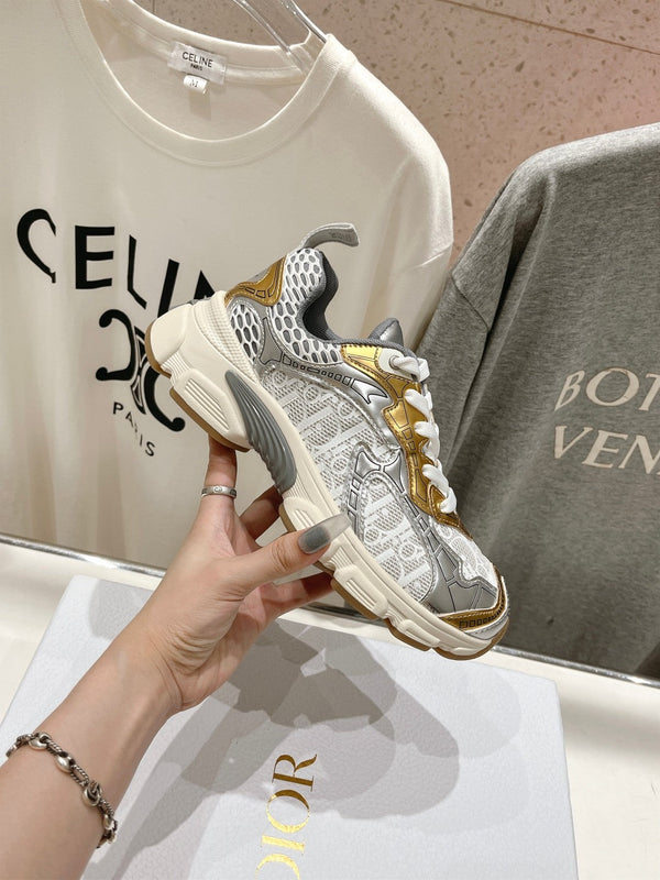 Sneaker CD Vibe in tessuto a rete di poliestere grigio oro e pelle bovina, colore bianco misto