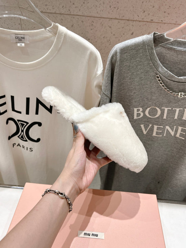 Miu Slippers White Soft Imported Wool And Fur