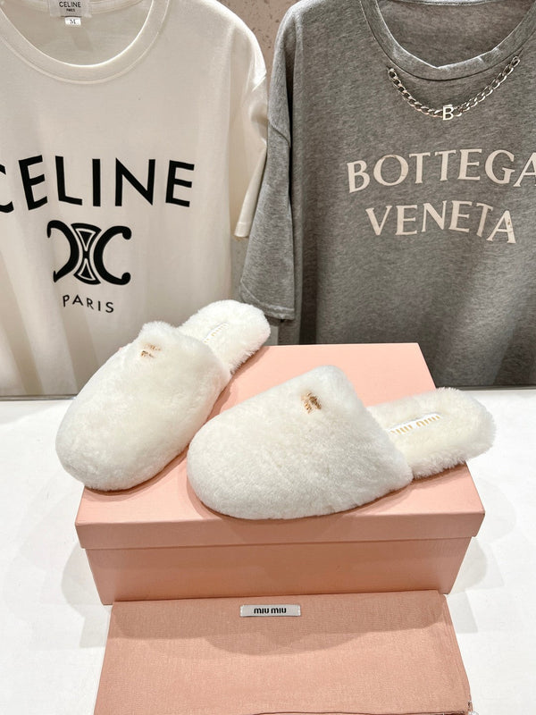 Miu Slippers White Soft Imported Wool And Fur