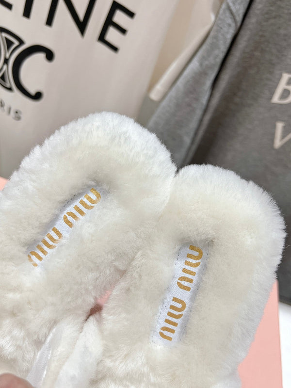 Miu Slippers White Soft Imported Wool And Fur