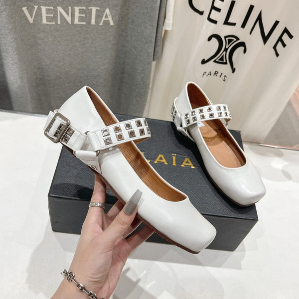 Alaila Biker Ballet Flats In White Cowhide 911438