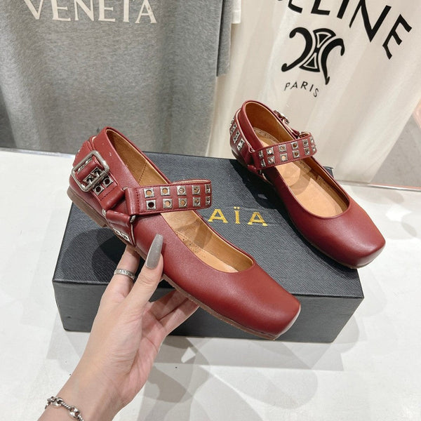 Alaila Biker Ballet Flats In Brown Red Cowhide 911440
