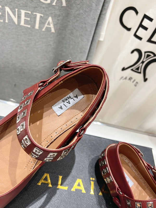 Alaila Biker Ballet Flats In Brown Red Cowhide 911440