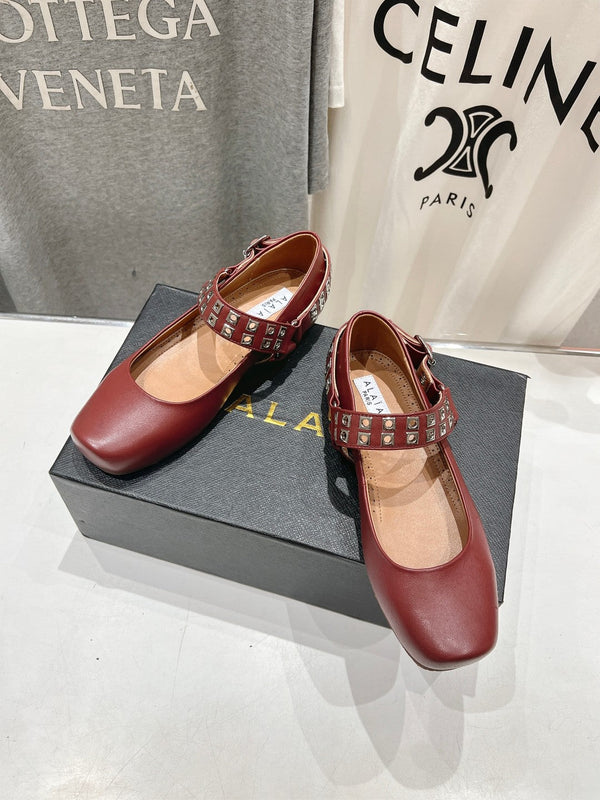 Alaila Biker Ballet Flats In Brown Red Cowhide 911440