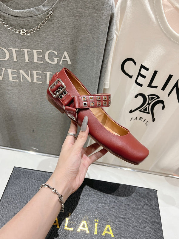 Alaila Biker Ballet Flats In Brown Red Cowhide 911440