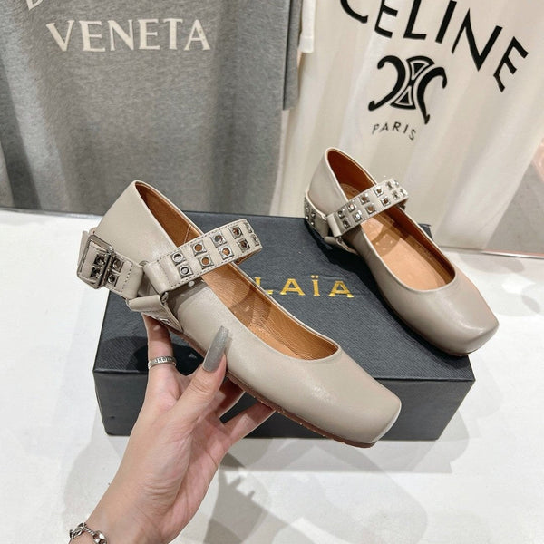 Alaila Biker Ballet Flats In Light Grey Cowhide 911442