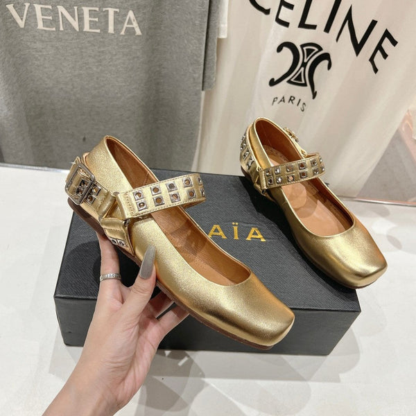 Alaila Biker Ballet Flats In Gold Cowhide 911444