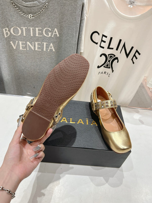 Alaila Biker Ballet Flats In Gold Cowhide 911444