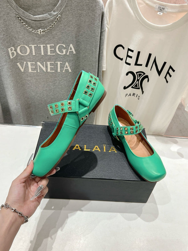 Alaila Biker Ballet Flats In Seafoam Green Cowhide 911446