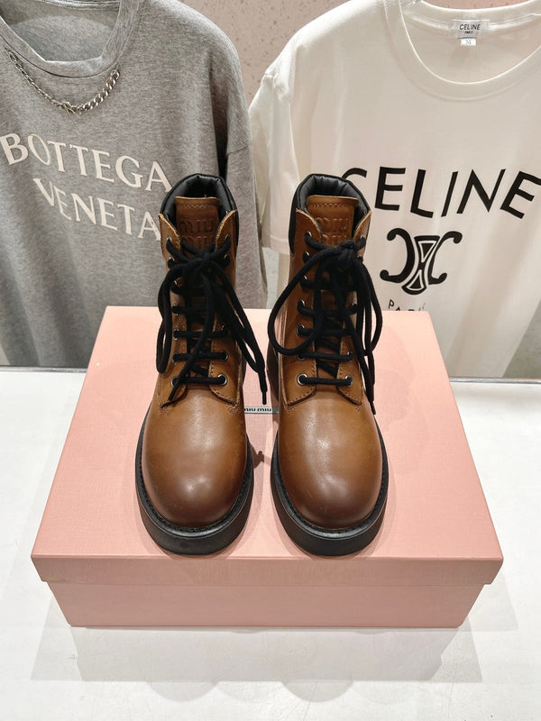 Miu Lace-Up Boots Vintage Brown Waxed Calfskin