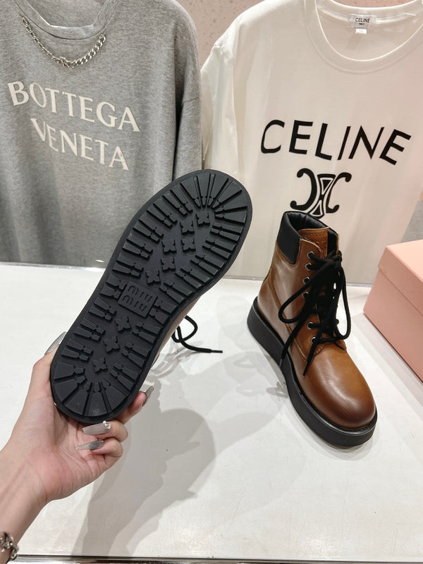 Miu Lace-Up Boots Vintage Brown Waxed Calfskin