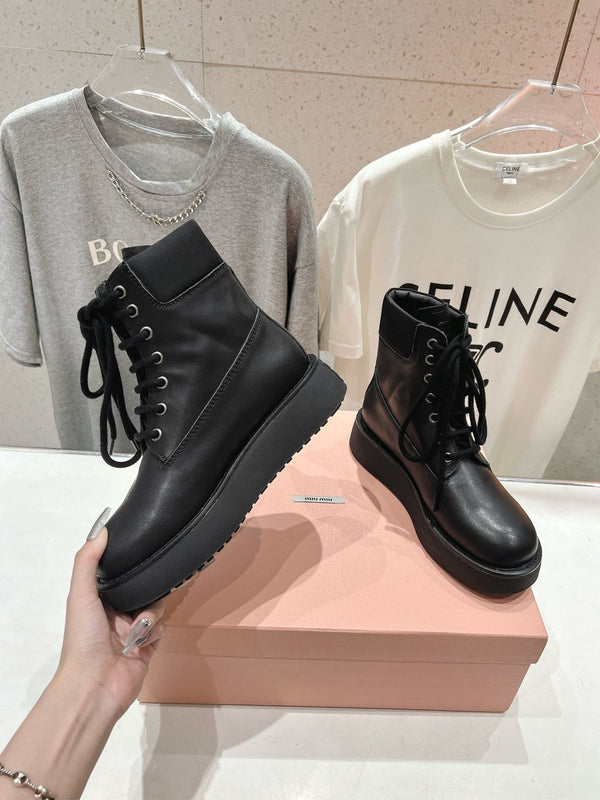Miu Lace-Up Boots Black Waxed Calfskin