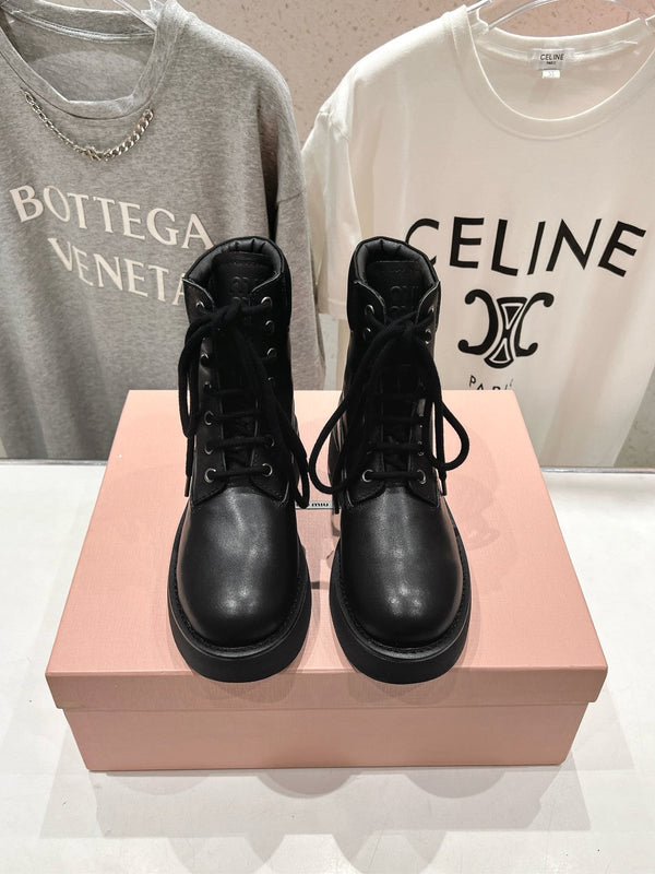 Miu Lace-Up Boots Black Waxed Calfskin