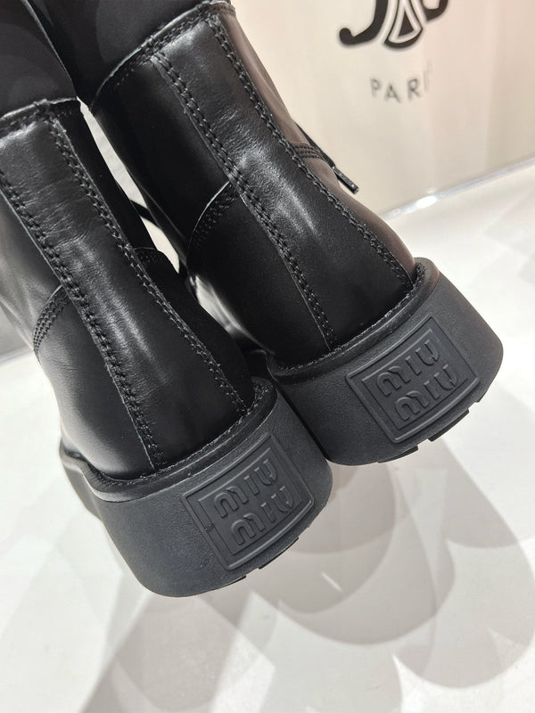 Miu Lace-Up Boots Black Waxed Calfskin