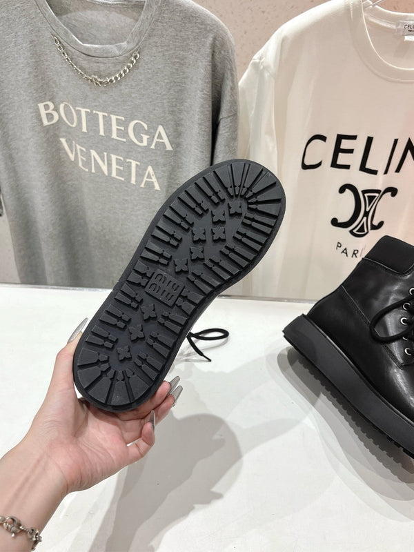 Miu Lace-Up Boots Black Waxed Calfskin