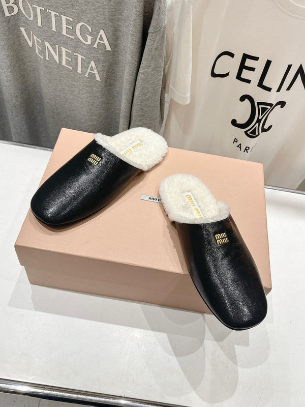 Miu Slippers Glossy Black Imported Sheepskin