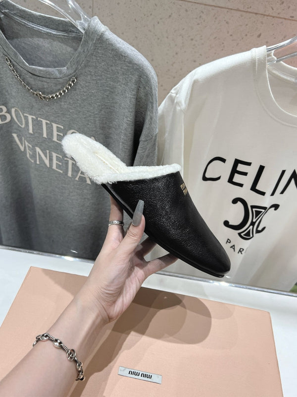 Miu Slippers Glossy Black Imported Sheepskin